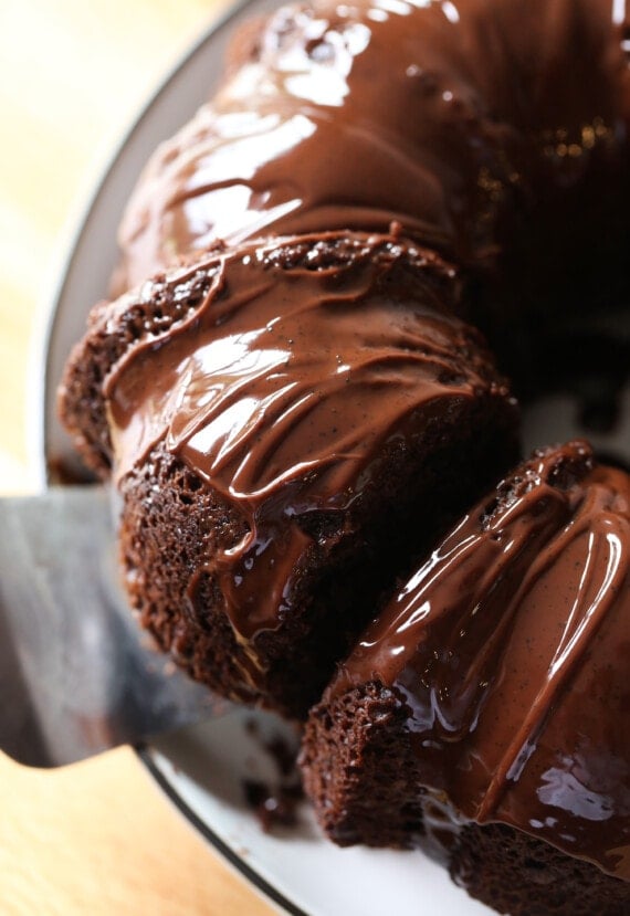 chocolate ganache on a chocolate espresso bundt cake