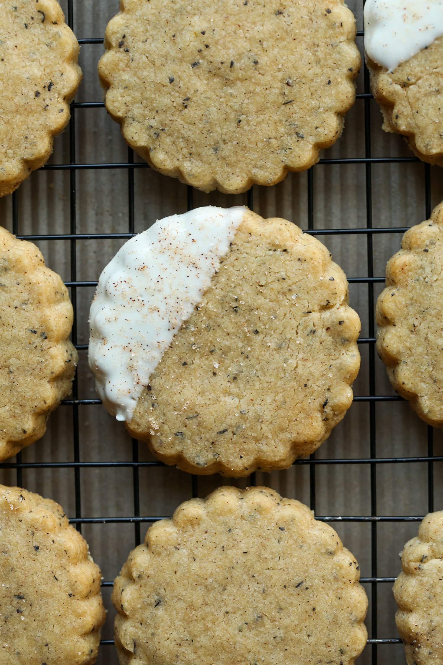chai shortbread dipped in white chocolate and sprinkled with cinnamon sugar