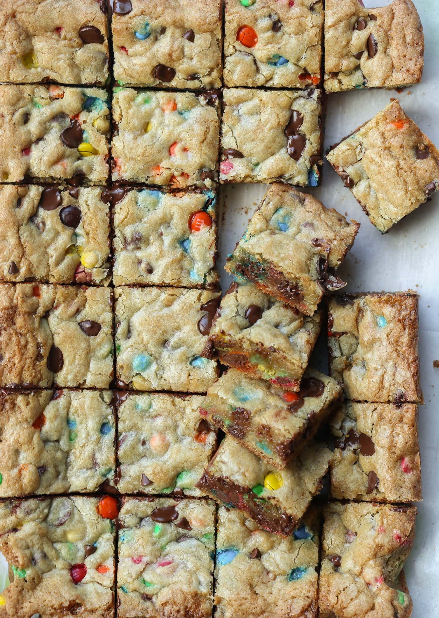 M&Ms Cookie Bars cut shot from overhead
