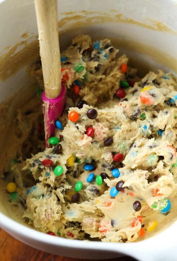 M&M cookie dough in a mixing bowl