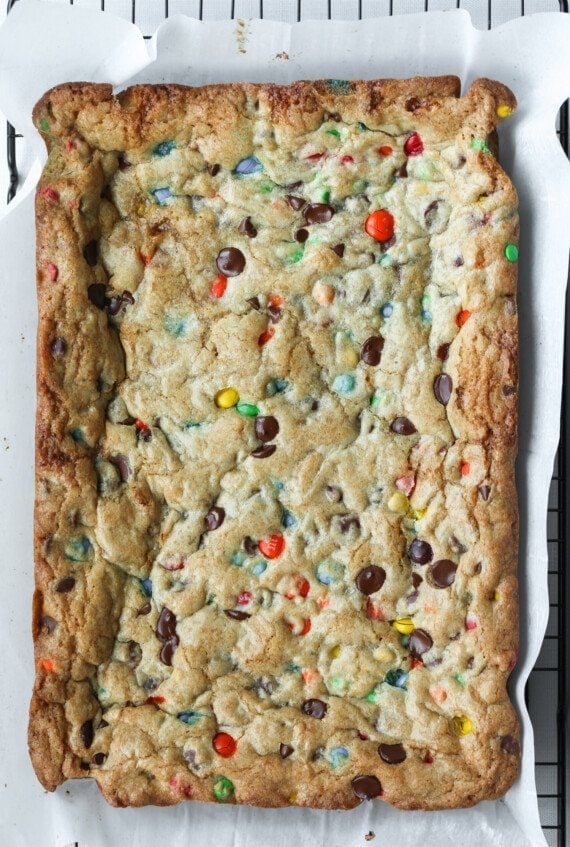 Uncut M&M bars after being baked