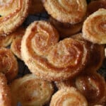 Close up of homemade palmiers cookies that have been baked to a golden color.