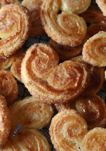 Close up of homemade palmiers cookies that have been baked to a golden color.