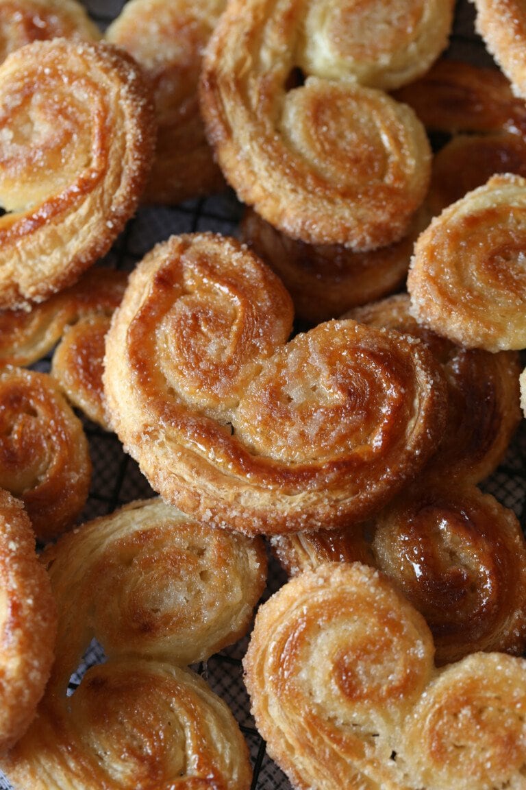 Close up of homemade palmiers cookies that have been baked to a golden color.