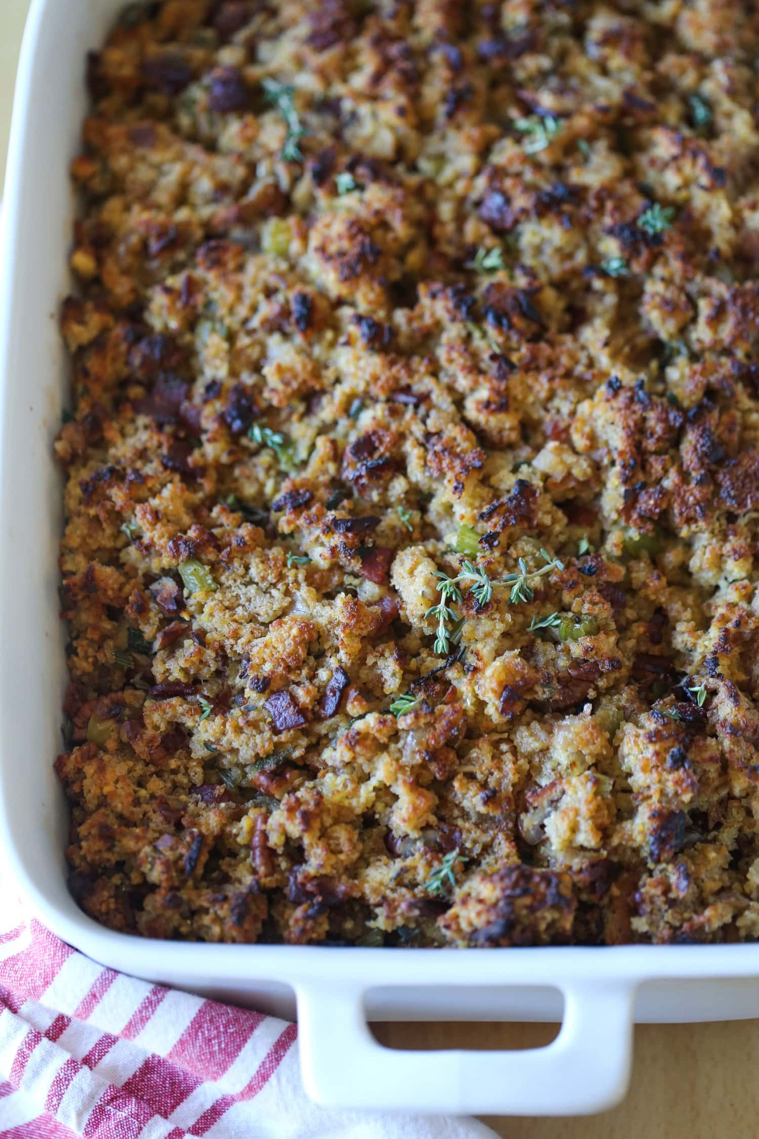 cornbread dressing in a baking dish baked