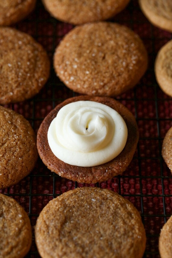 frosting swirled onto a ginger cookie