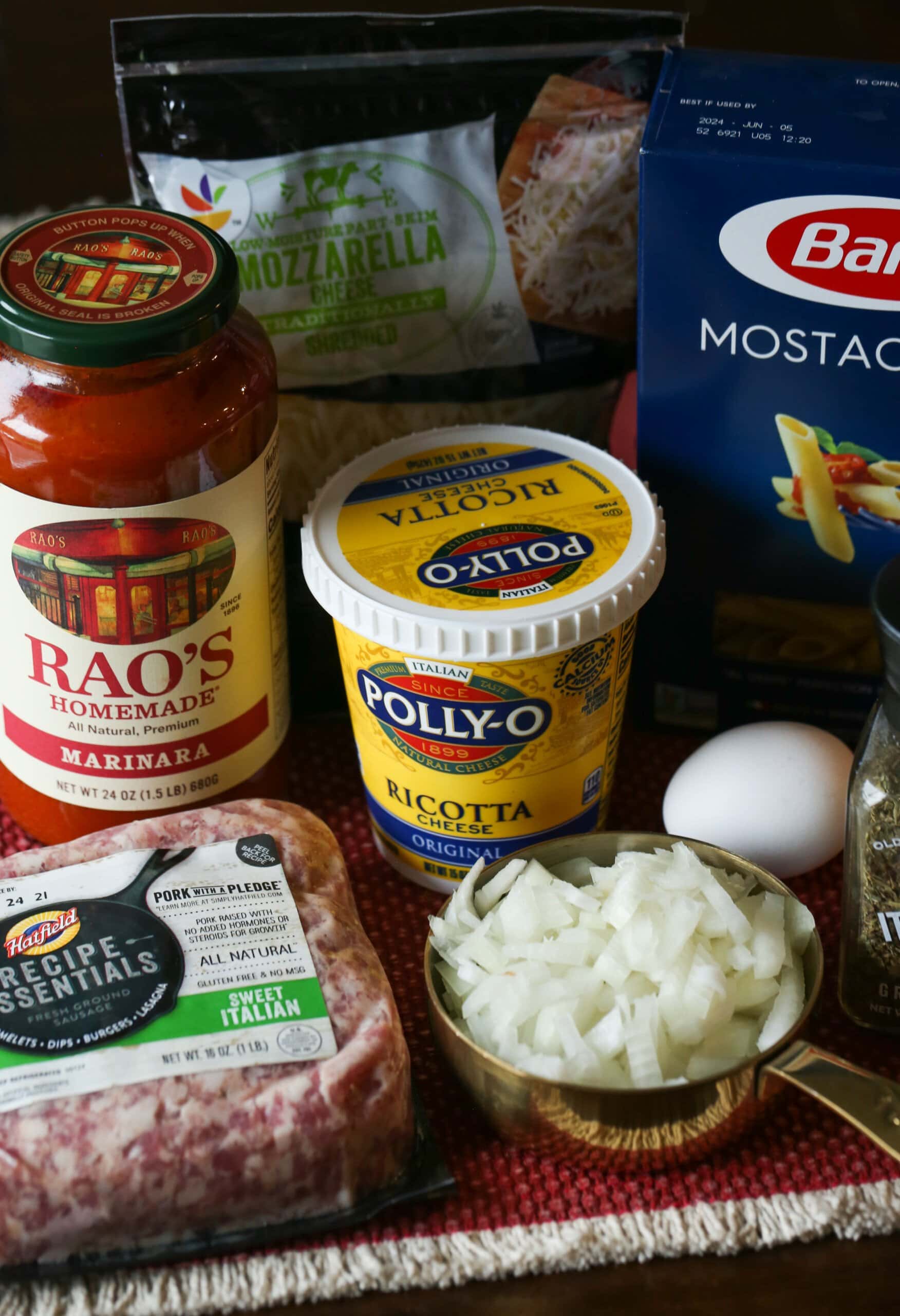 The ingredients for baked mostaccioli.