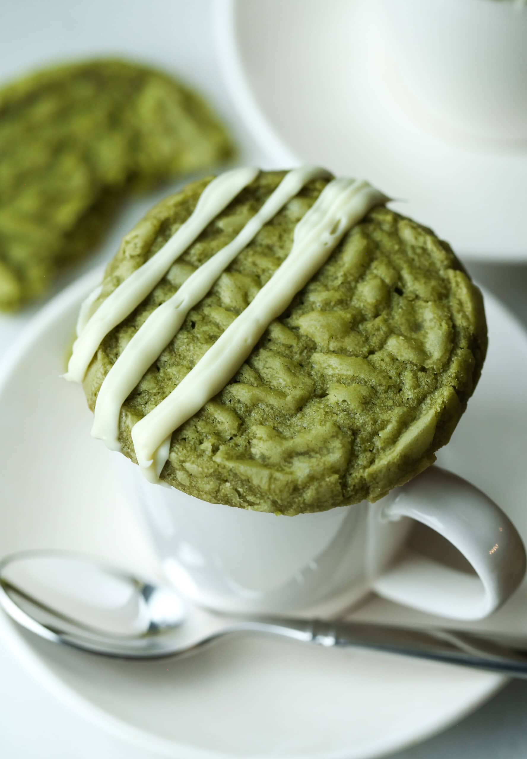 Matcha Shortbread cookie drizzled with white chocolate