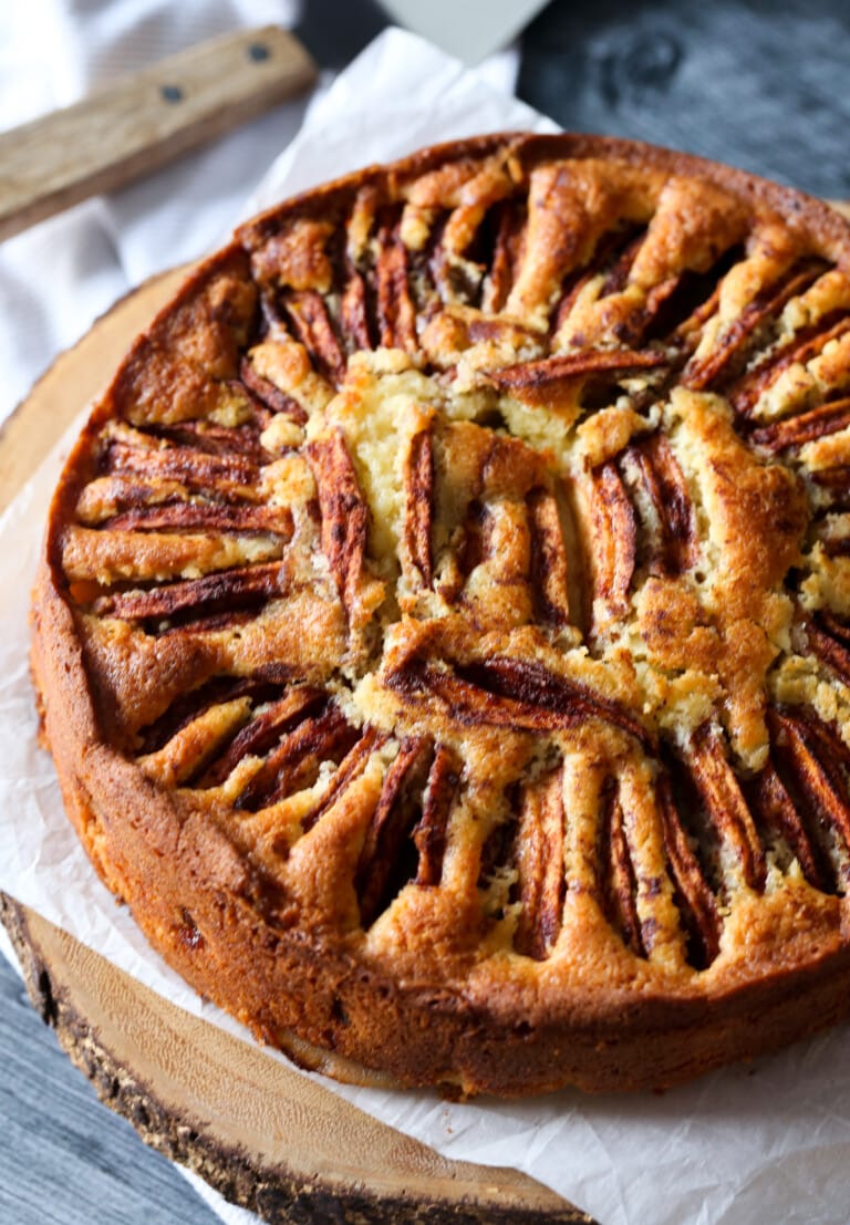 Norwegian apple cake on cake stand