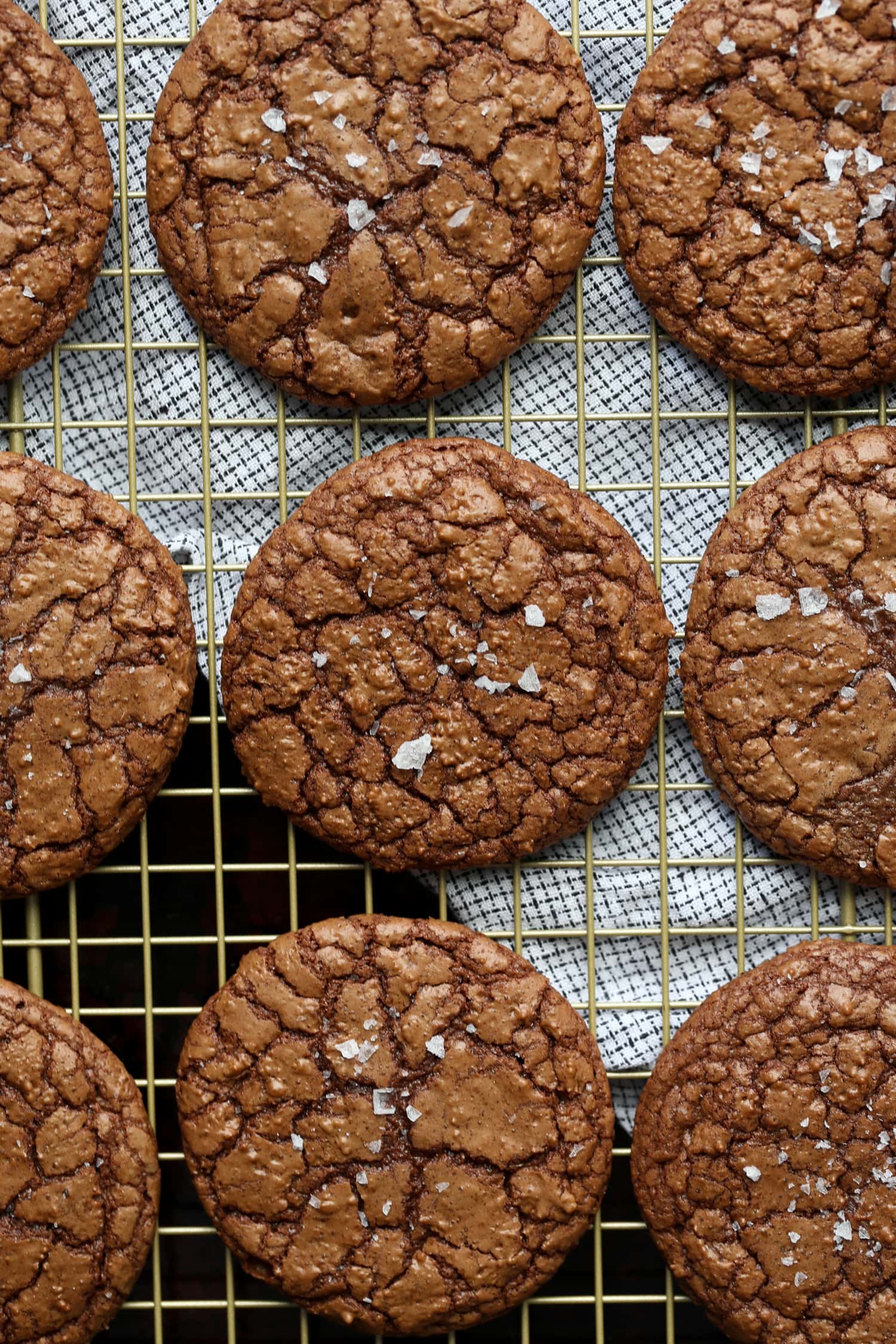 Chocolate crinkle cookies sprinkled with sea salt.