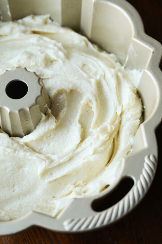 7UP cake batter in a bundt pan.