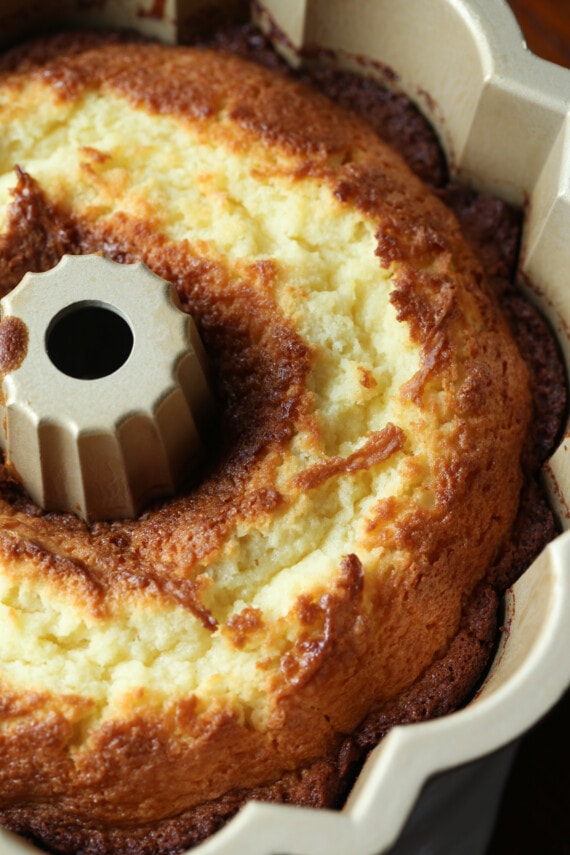 Baked 7UP cake in a bundt pan.