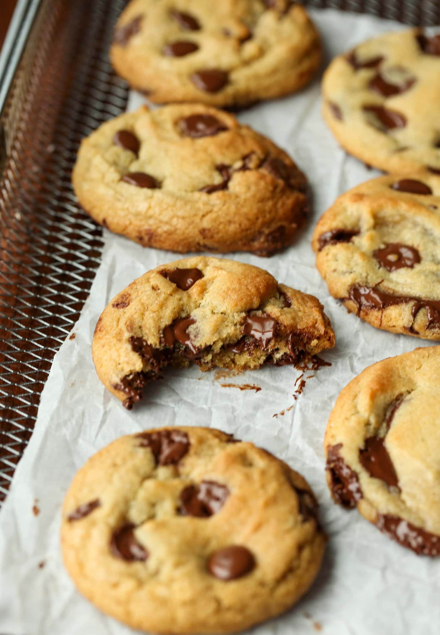 broken cookie baked in an air fryer with melty chocolate on a rack