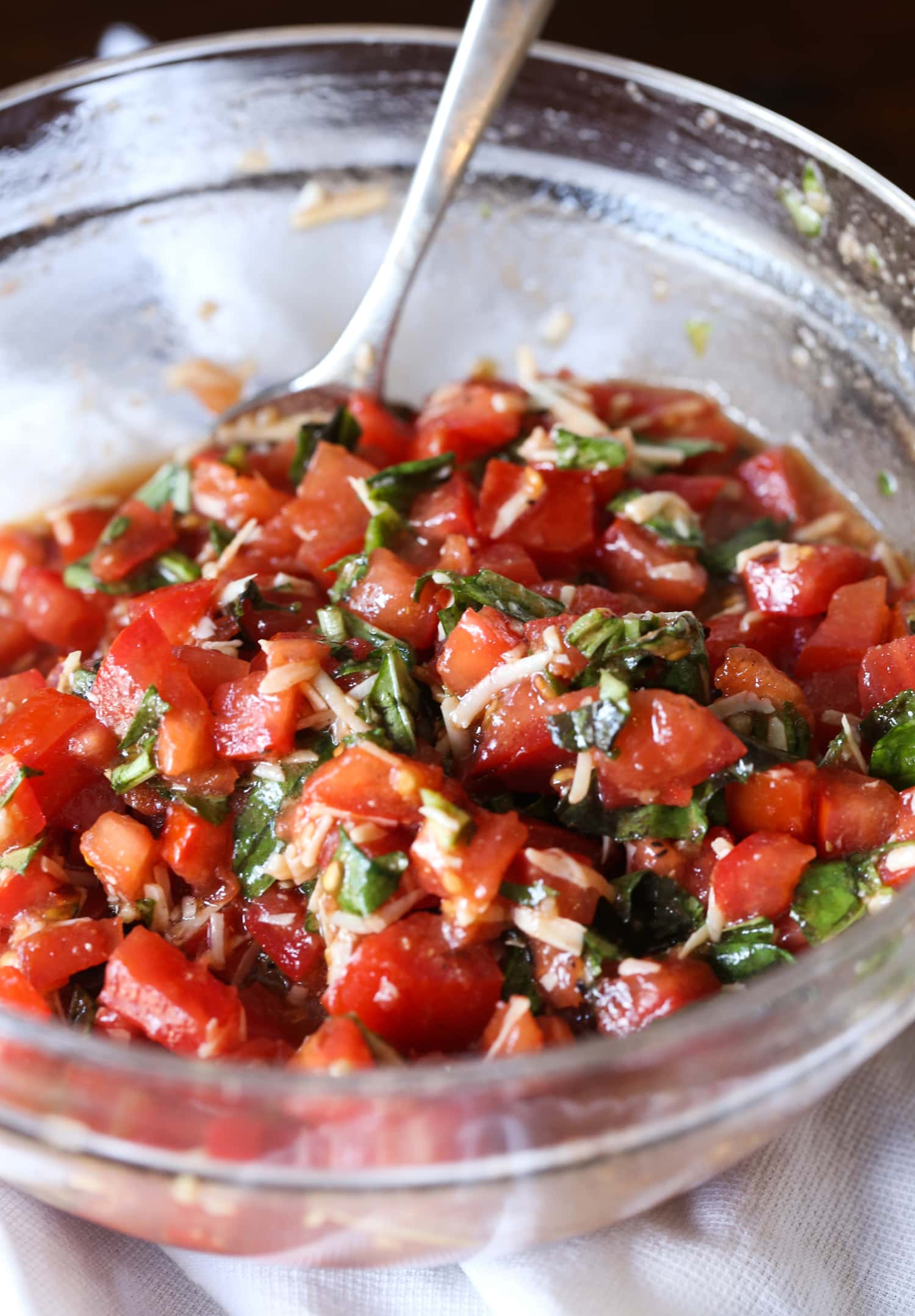 A bowl of fresh tomato bruschetta.