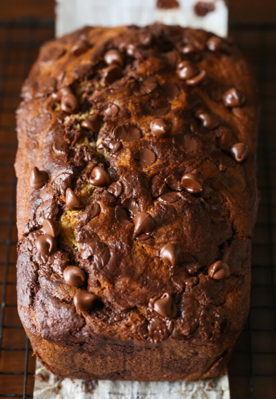 Top view of a loaf of chocolate marbled banana bread.