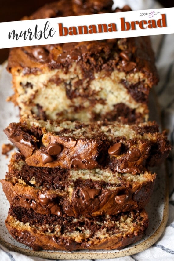 Pinterest image for chocolate marbled banana bread.
