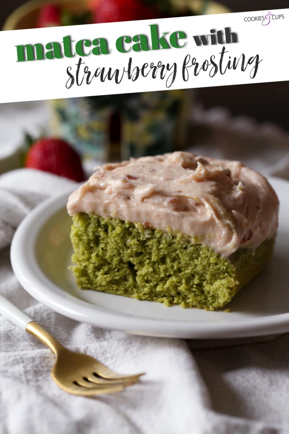 Matcha Cake With Strawberry Frosting Pinterest Image