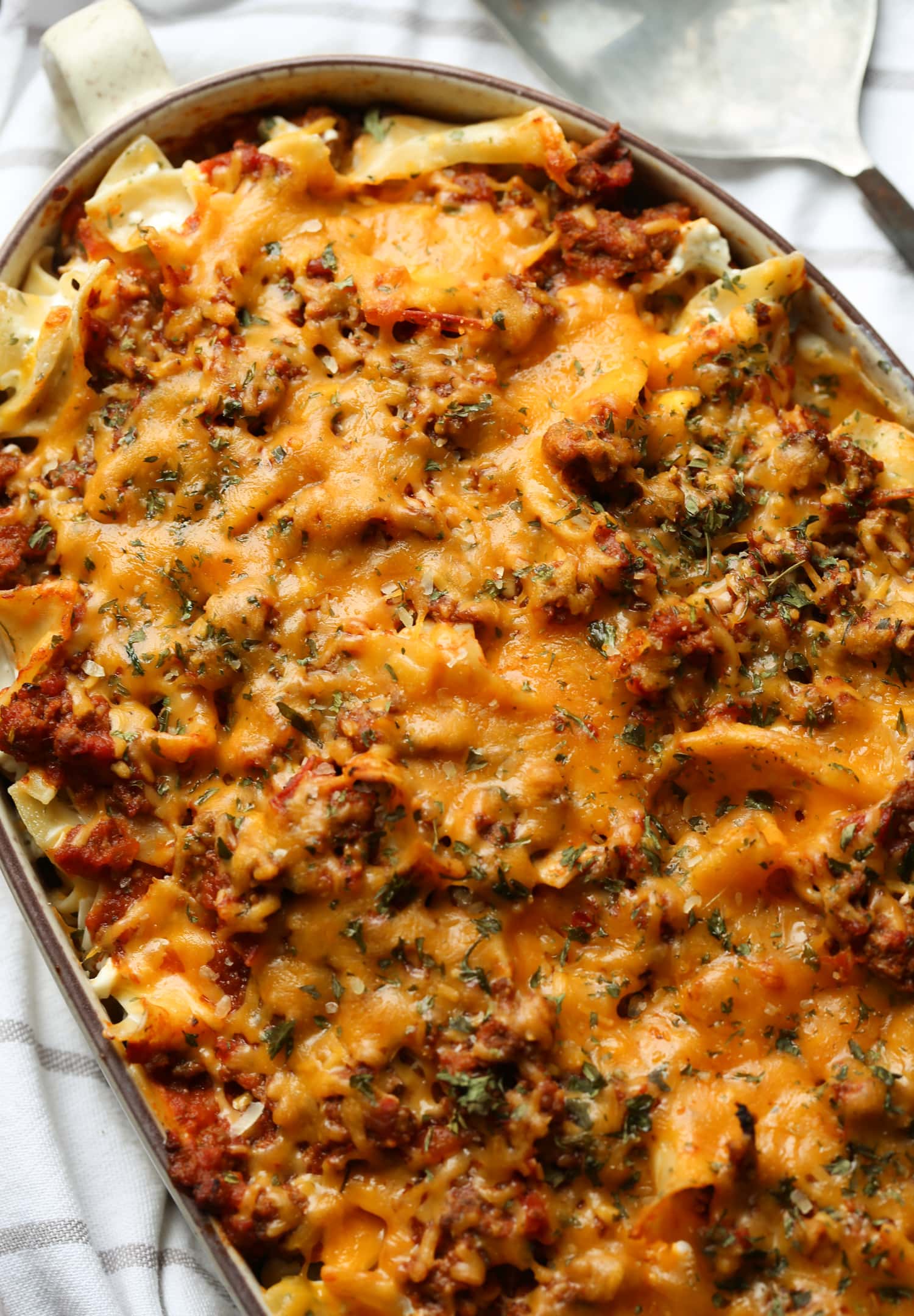 Sour cream noodle bake in a casserole dish.