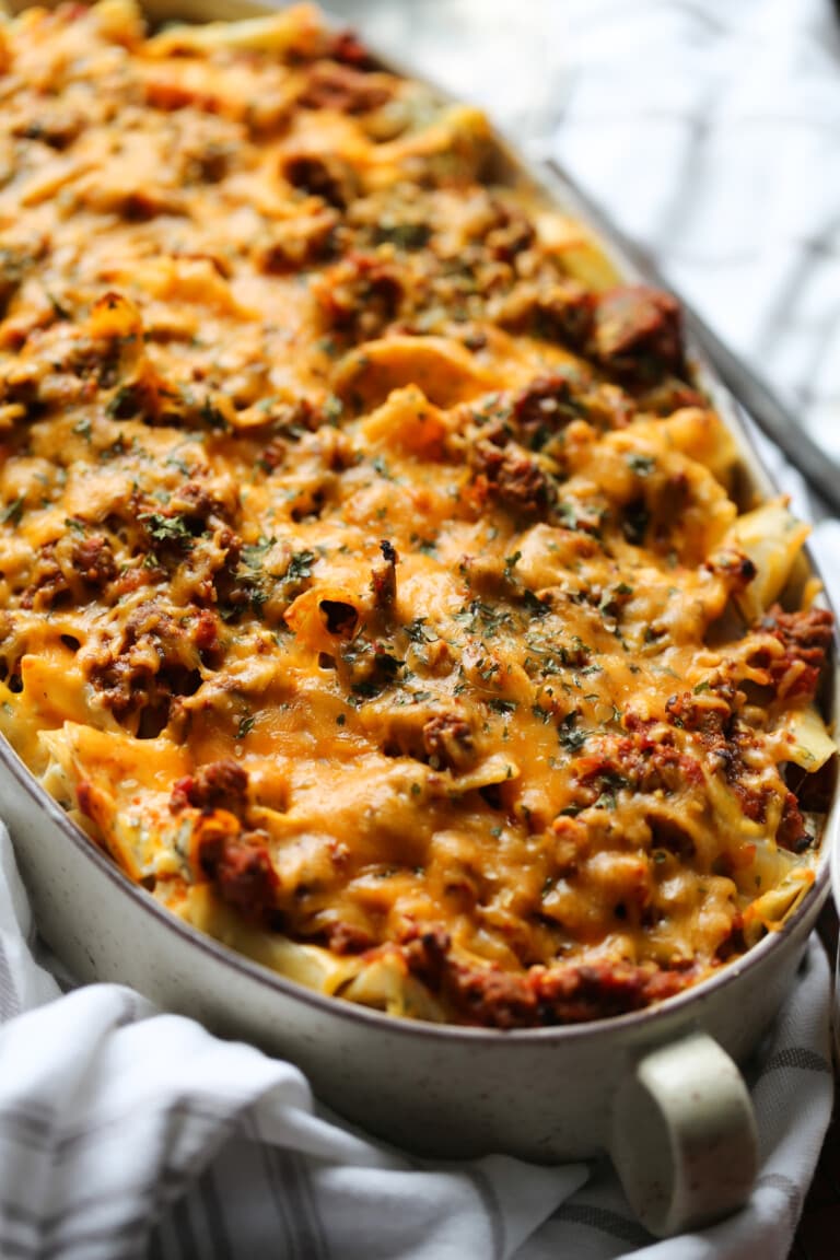 Sour cream noodle bake in a casserole dish.