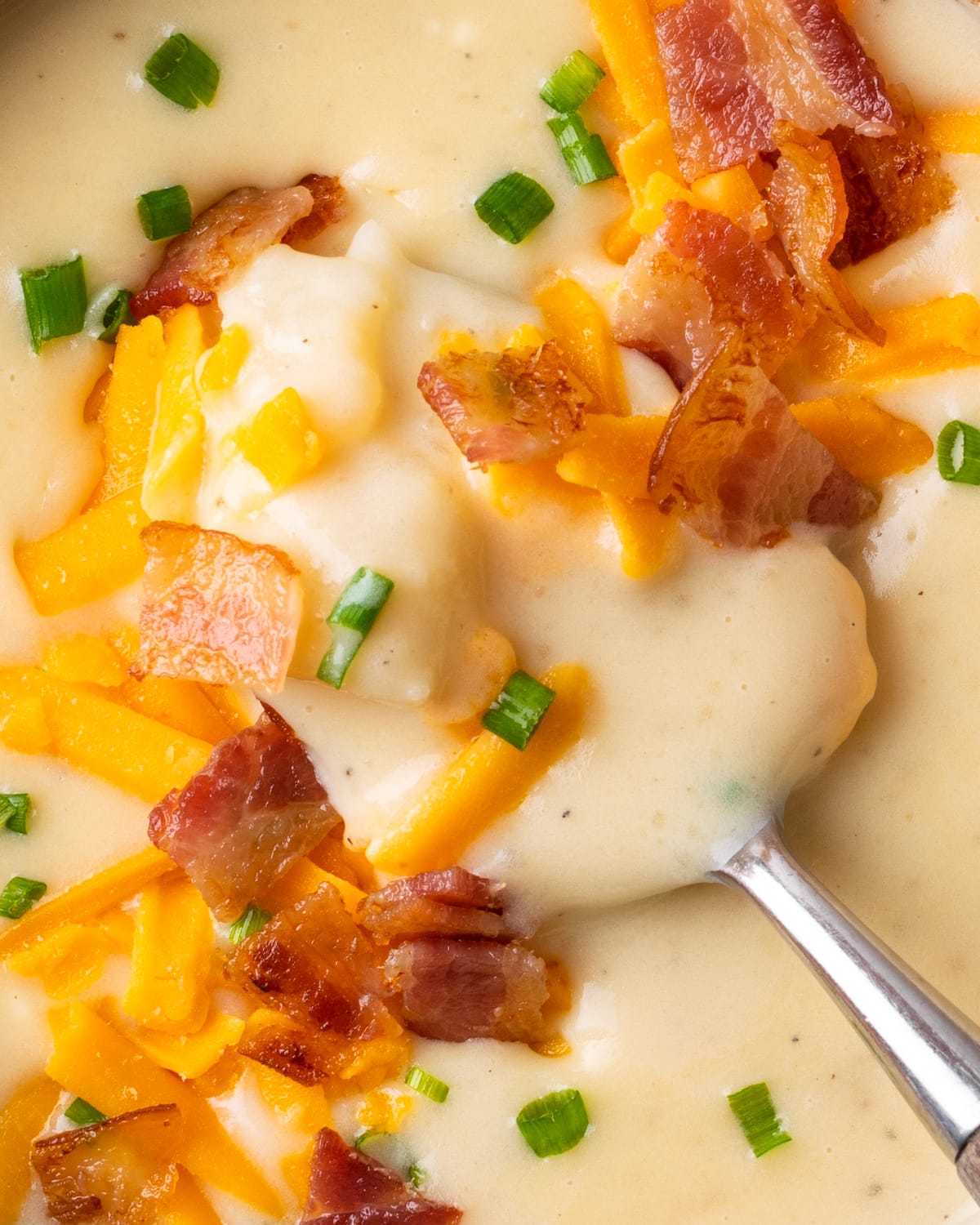 Close up of a spoonful of potato soup garnished with bacon, shredded cheese and chives.