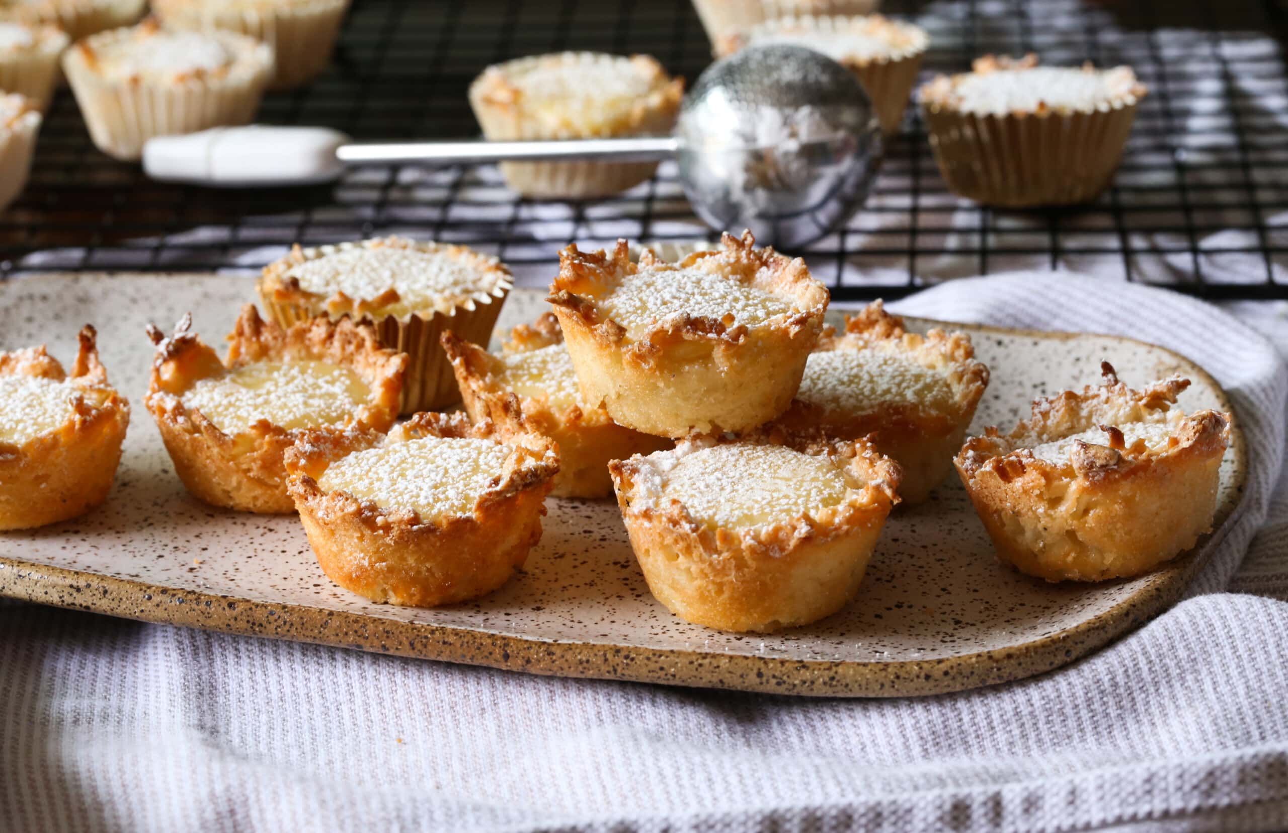 Lemon Coconut Mini Pies on a platter