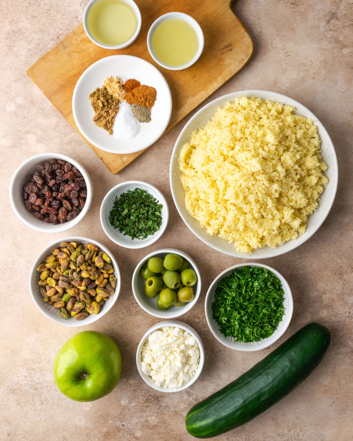 The ingredients for Mediterranean couscous salad.