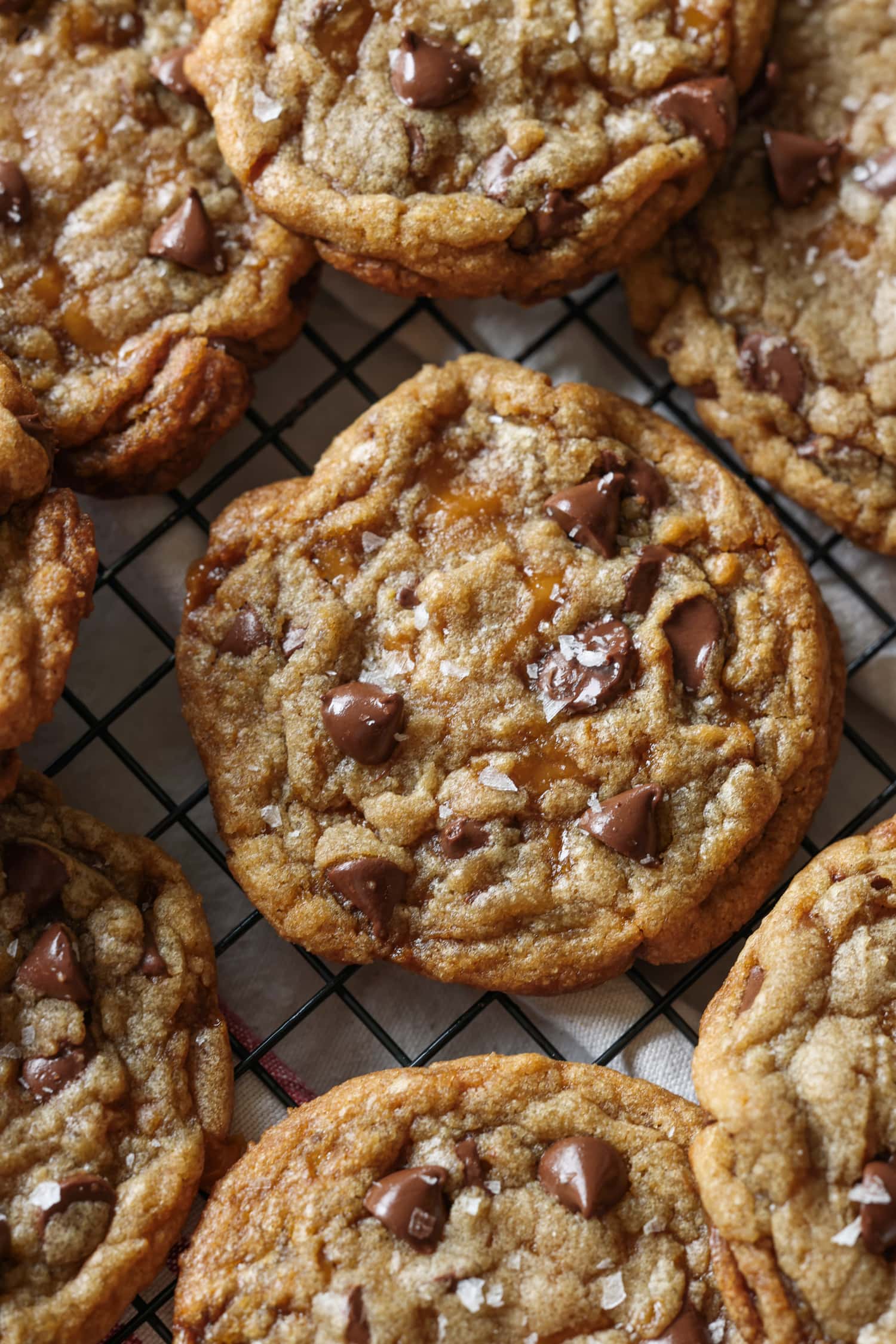 butter crunch chocolate chip cookie on a cooling rack