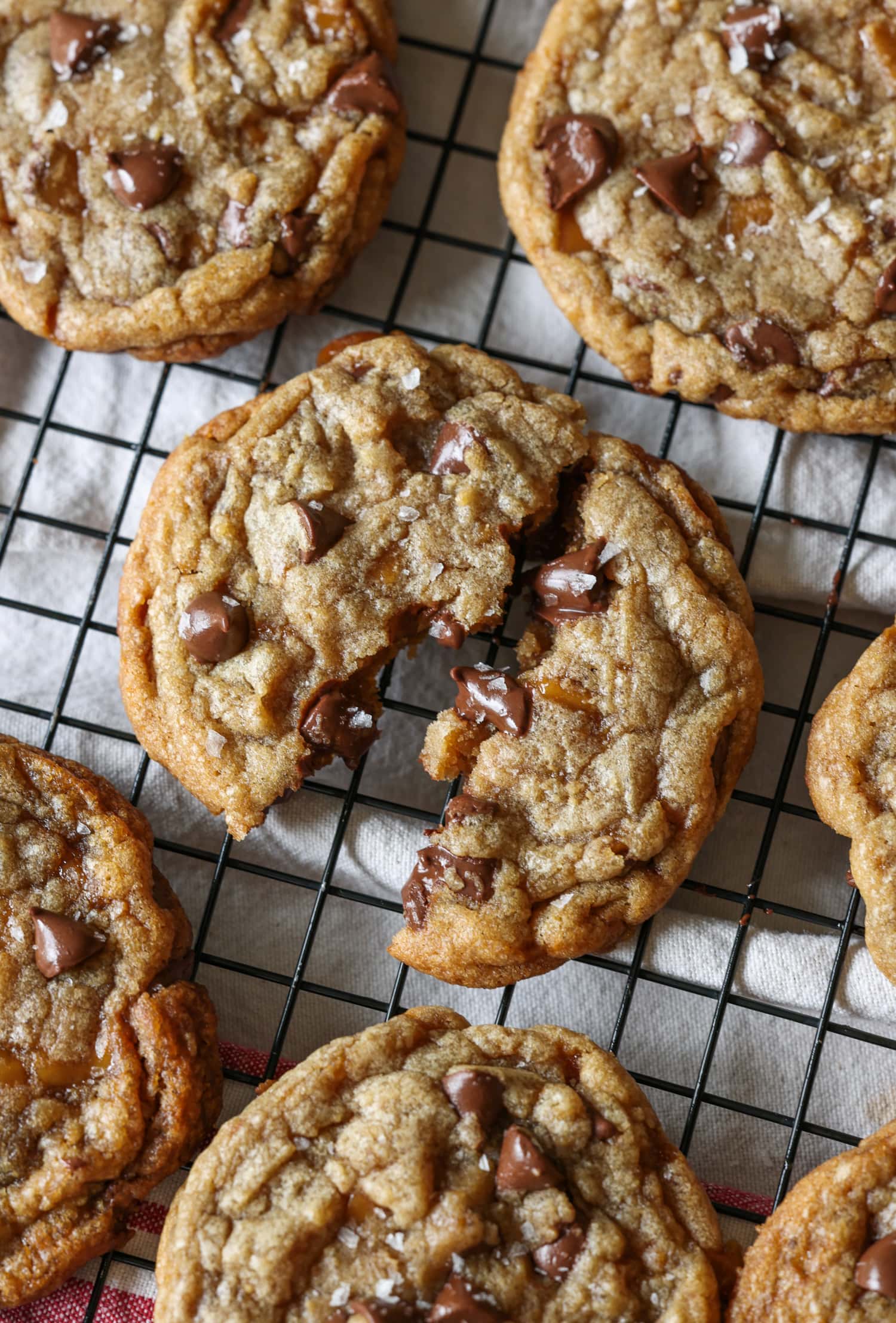 chocolate chip cookie with toffee broken in half