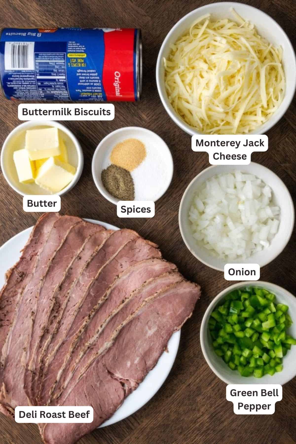 Ingredients for Philly Cheesesteak Stuffed Biscuits.