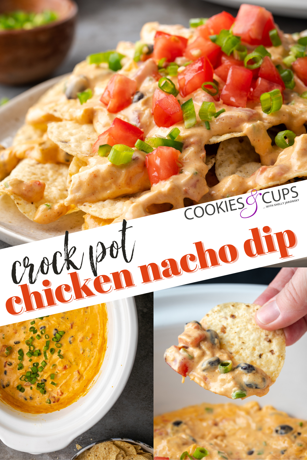 Pinterest header image for Crock Pot Chicken Nacho Dip.