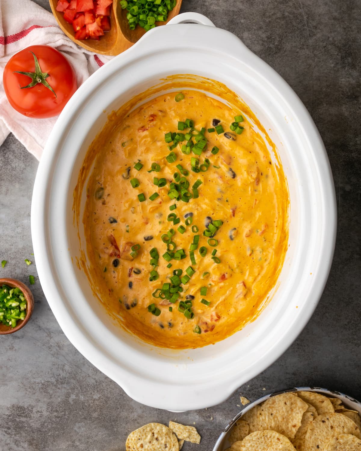 Overhead view of chicken nacho dip in crock pot.