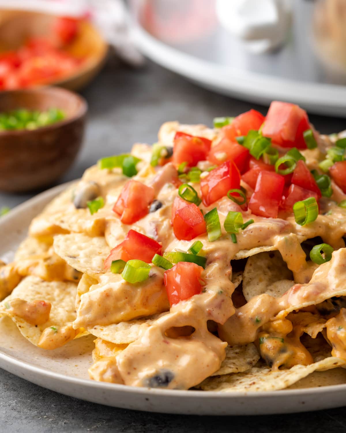 A plate of chicken nachos topped with Crock Pot chicken nacho dip, garnished with diced tomatoes and jalapeños.