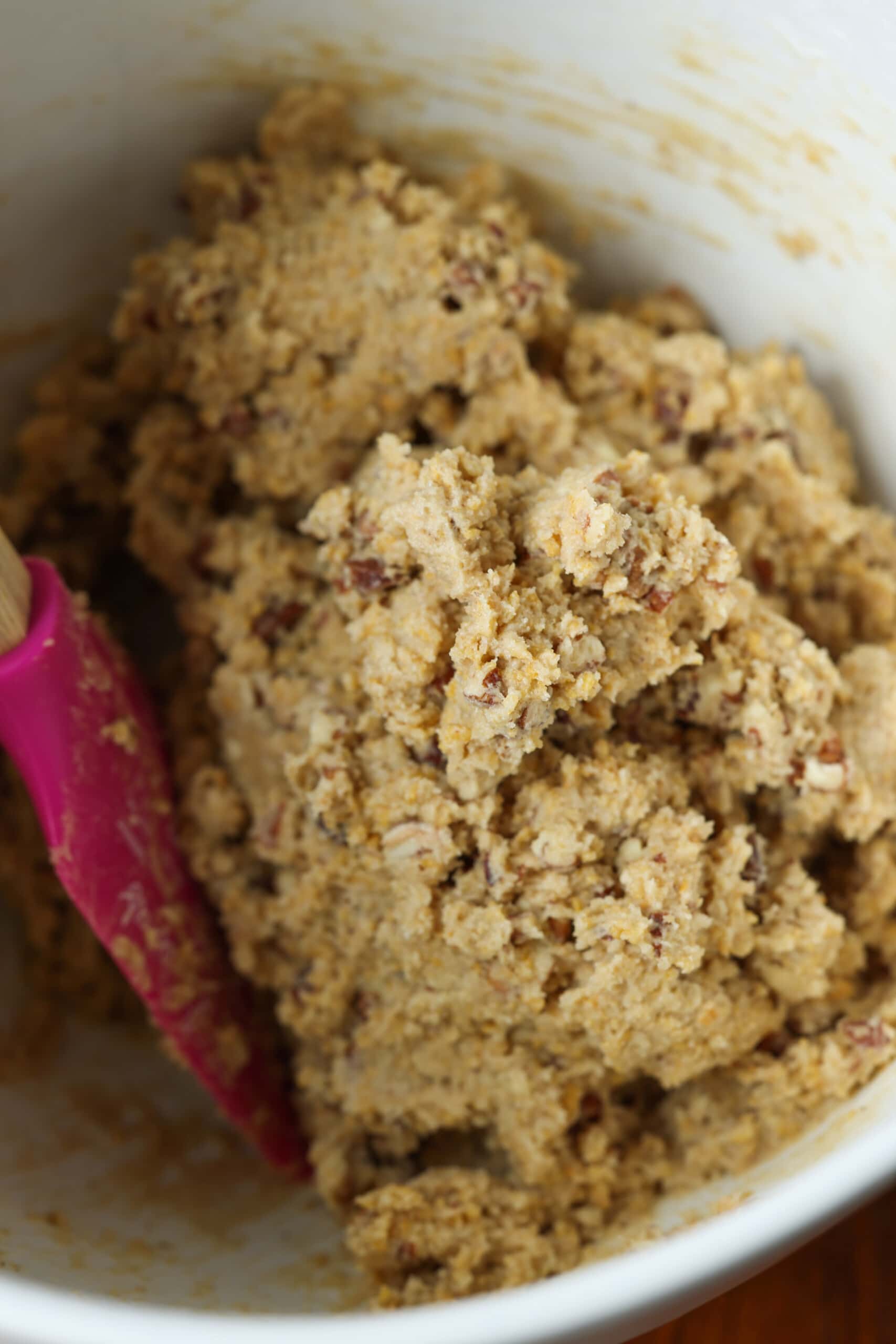 pecan cookie dough in a mixing bowl