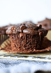 chocolate muffin unwrapped with melted chocolate chips