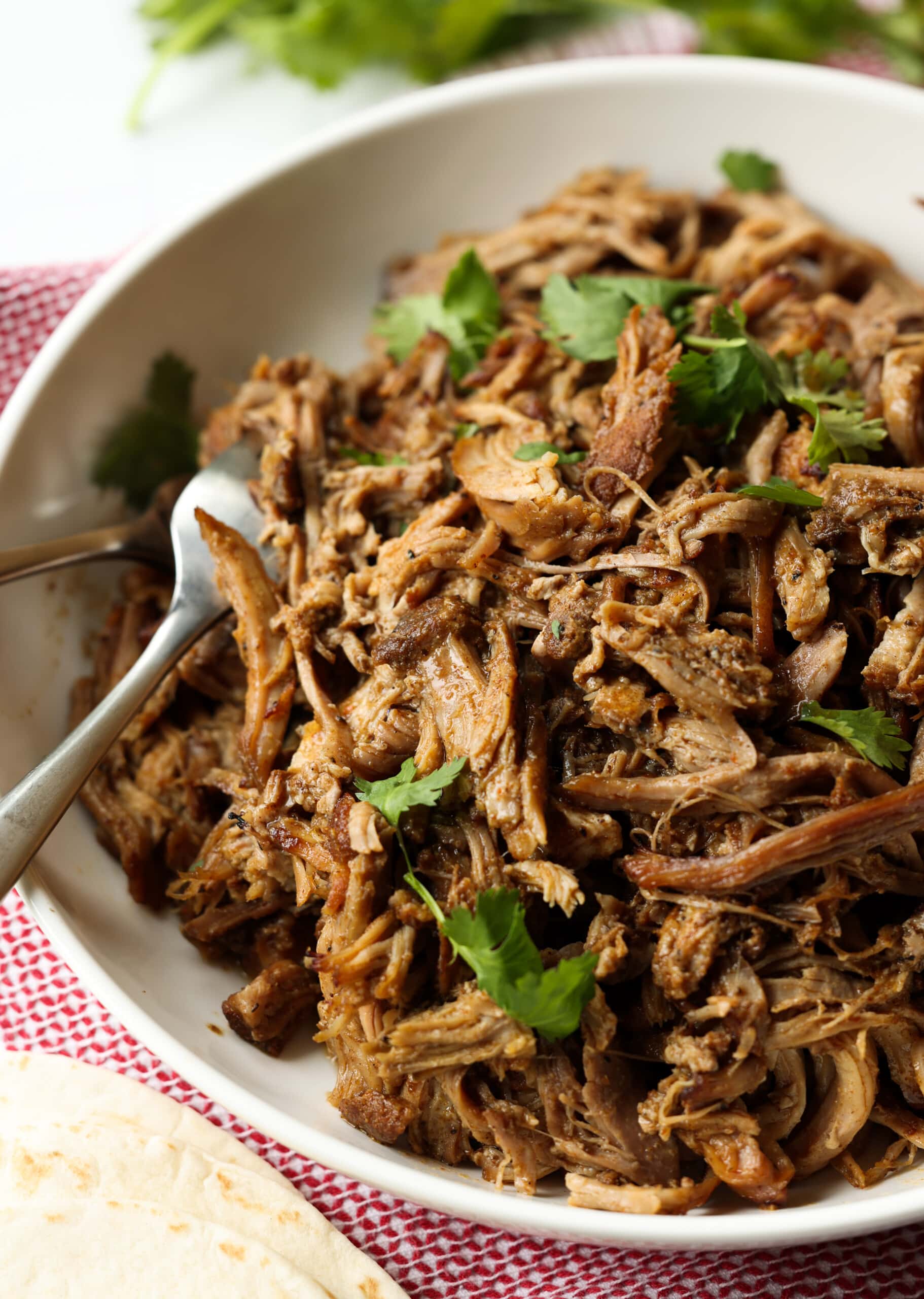 slow cooker carnitas in a shallow bowl shredded with a fork