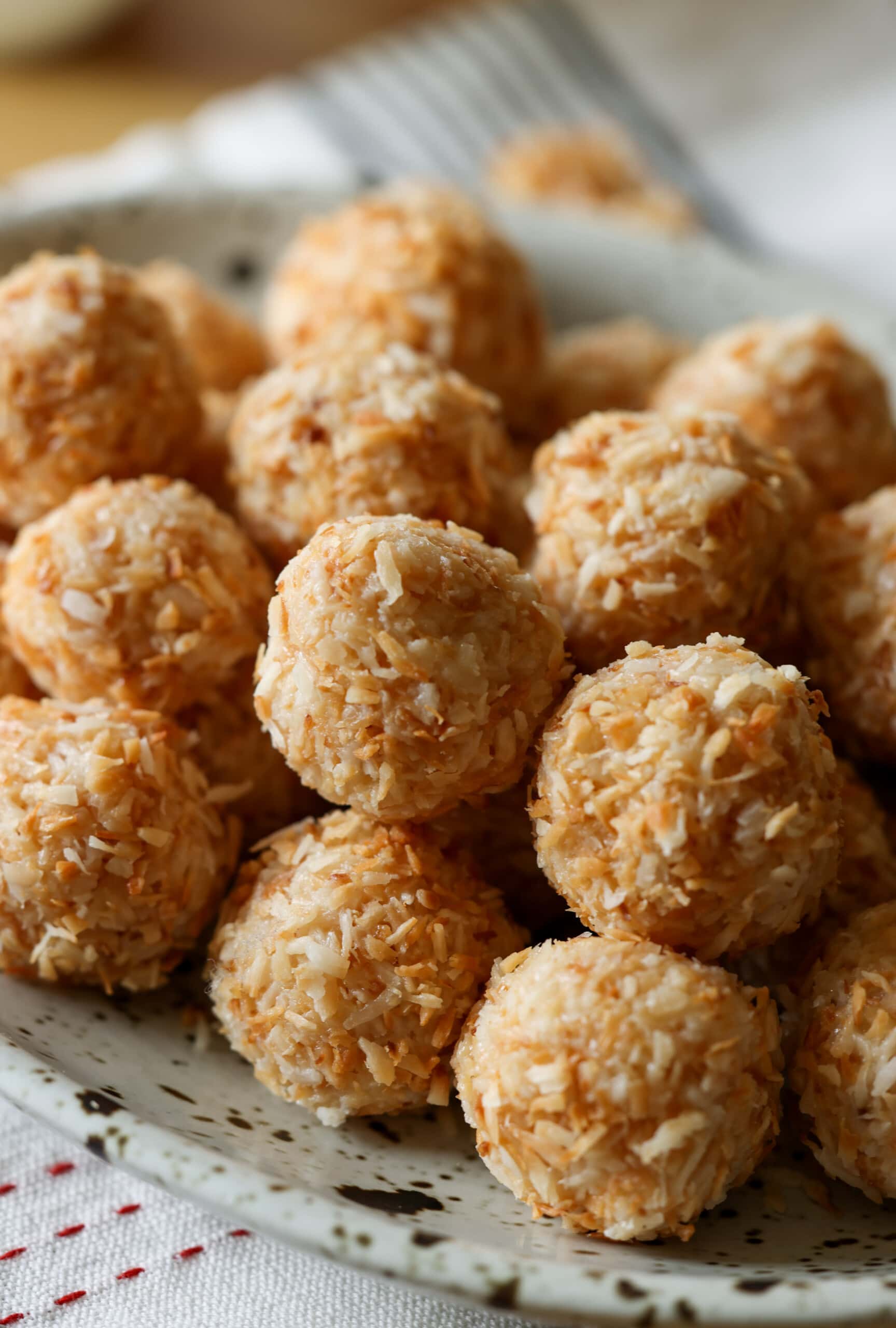 toasted coconut balls in a plate