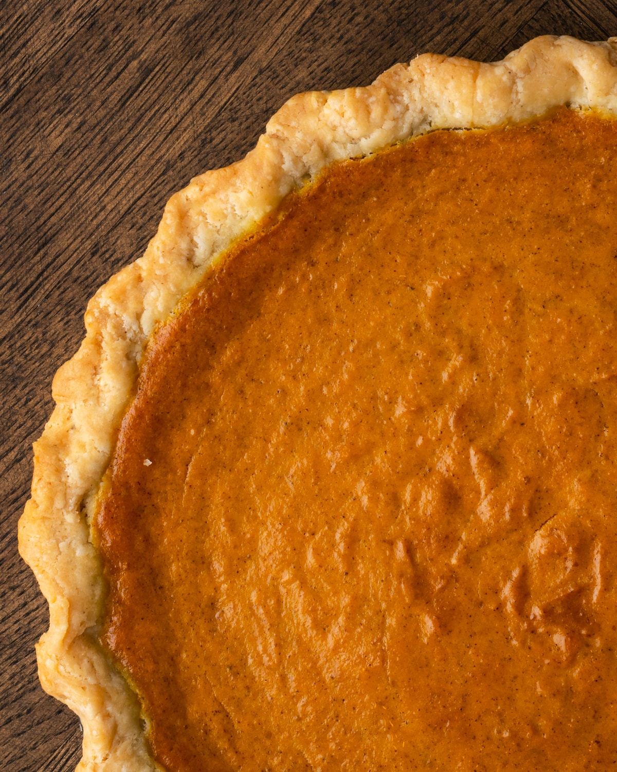 Overhead view of freshly baked homemade pumpkin pie.