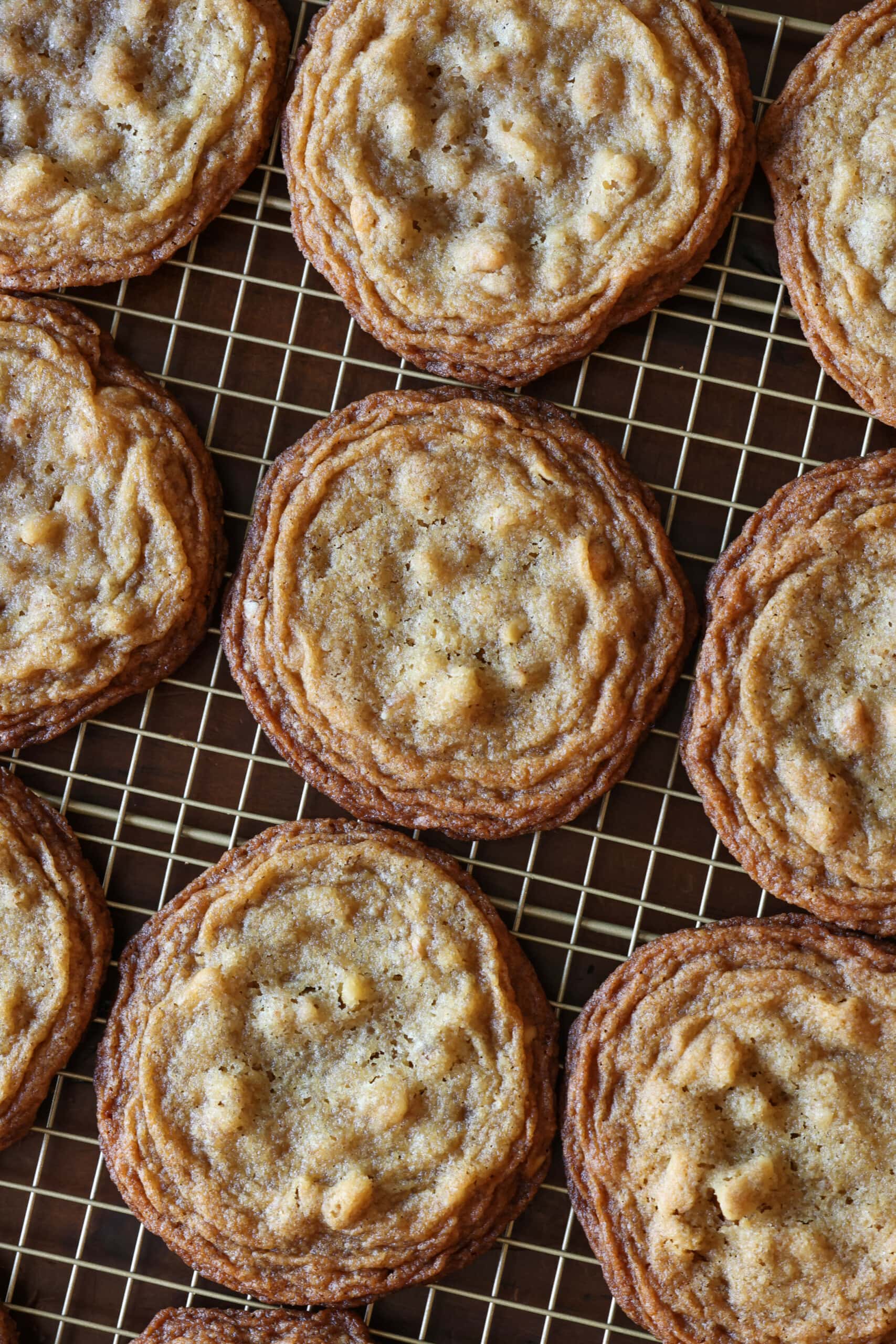 Crunchy walnut cookies on a cooling rack