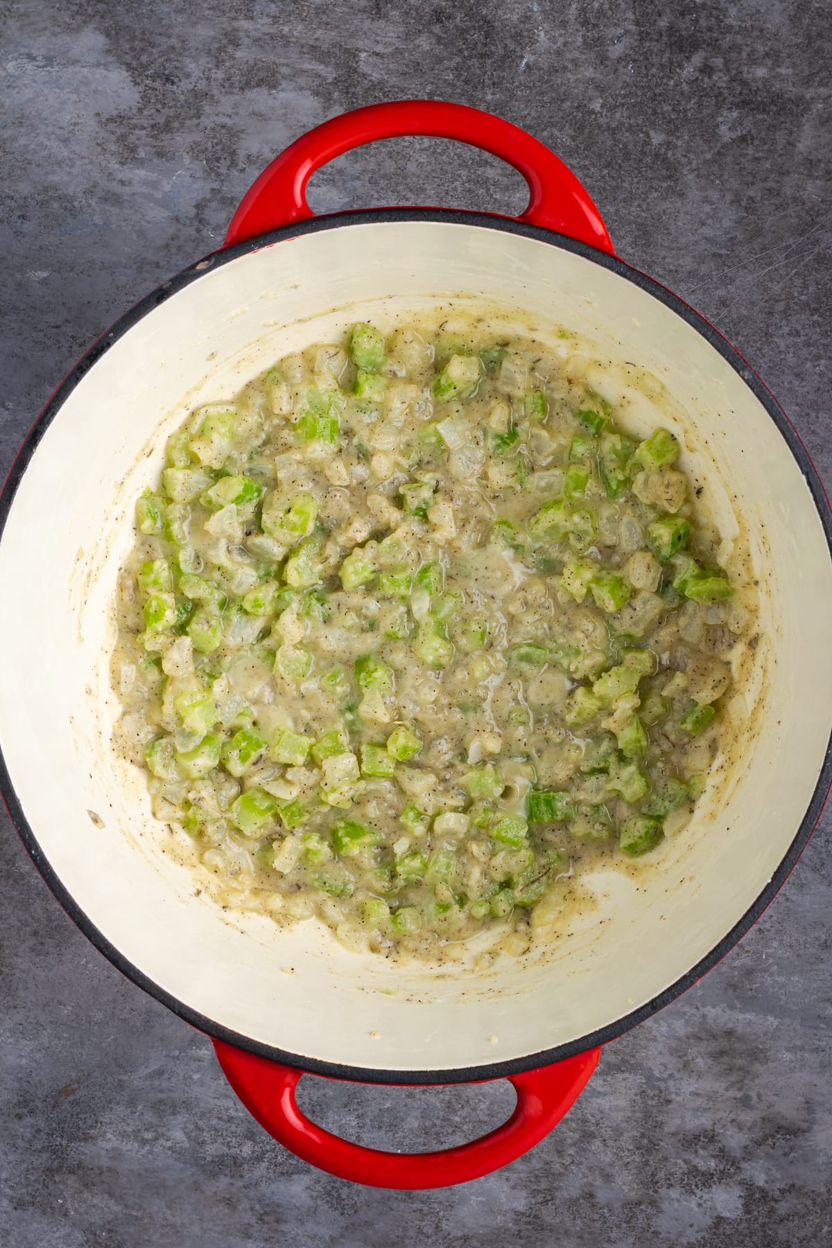 The base for the chicken pot pie filling in a large saucepan.