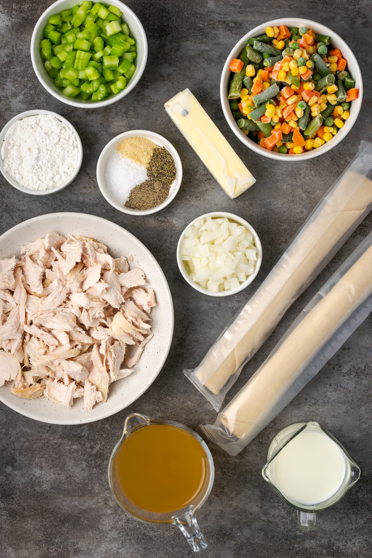 The ingredients for homemade chicken pot pie.