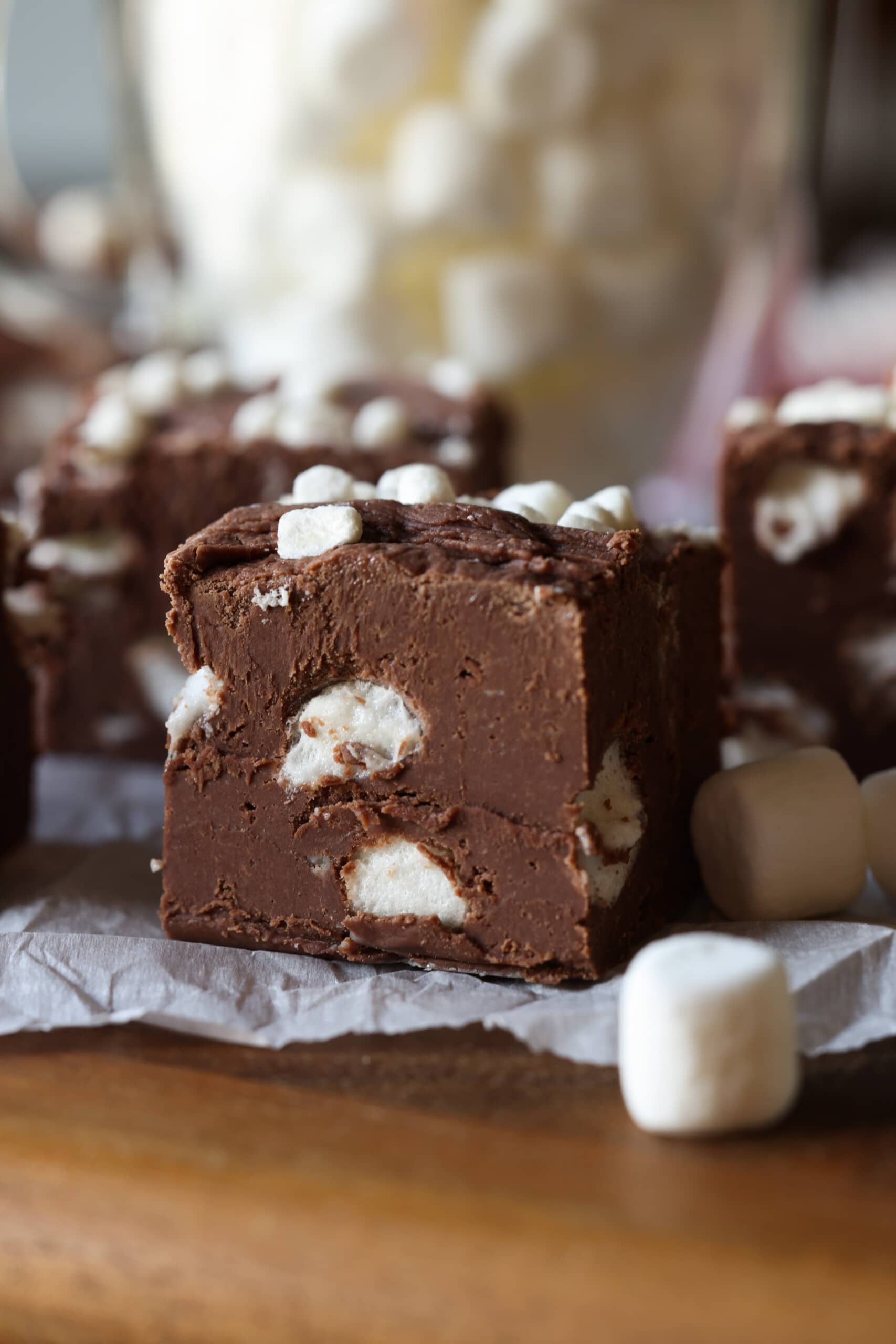A piece of fantasy fudge with marshmallows