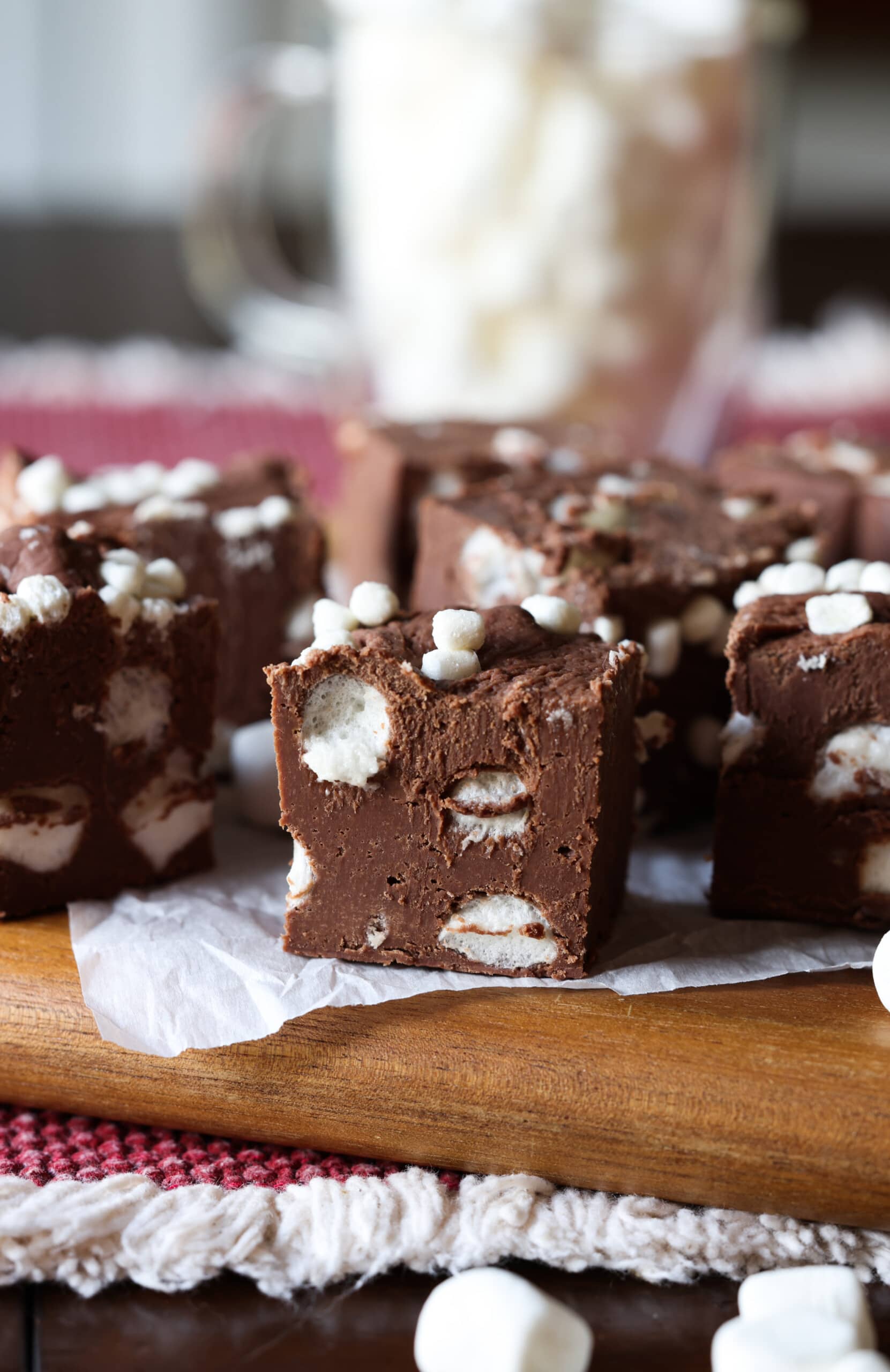 Hot chocolate fudge chopped on a cutting board