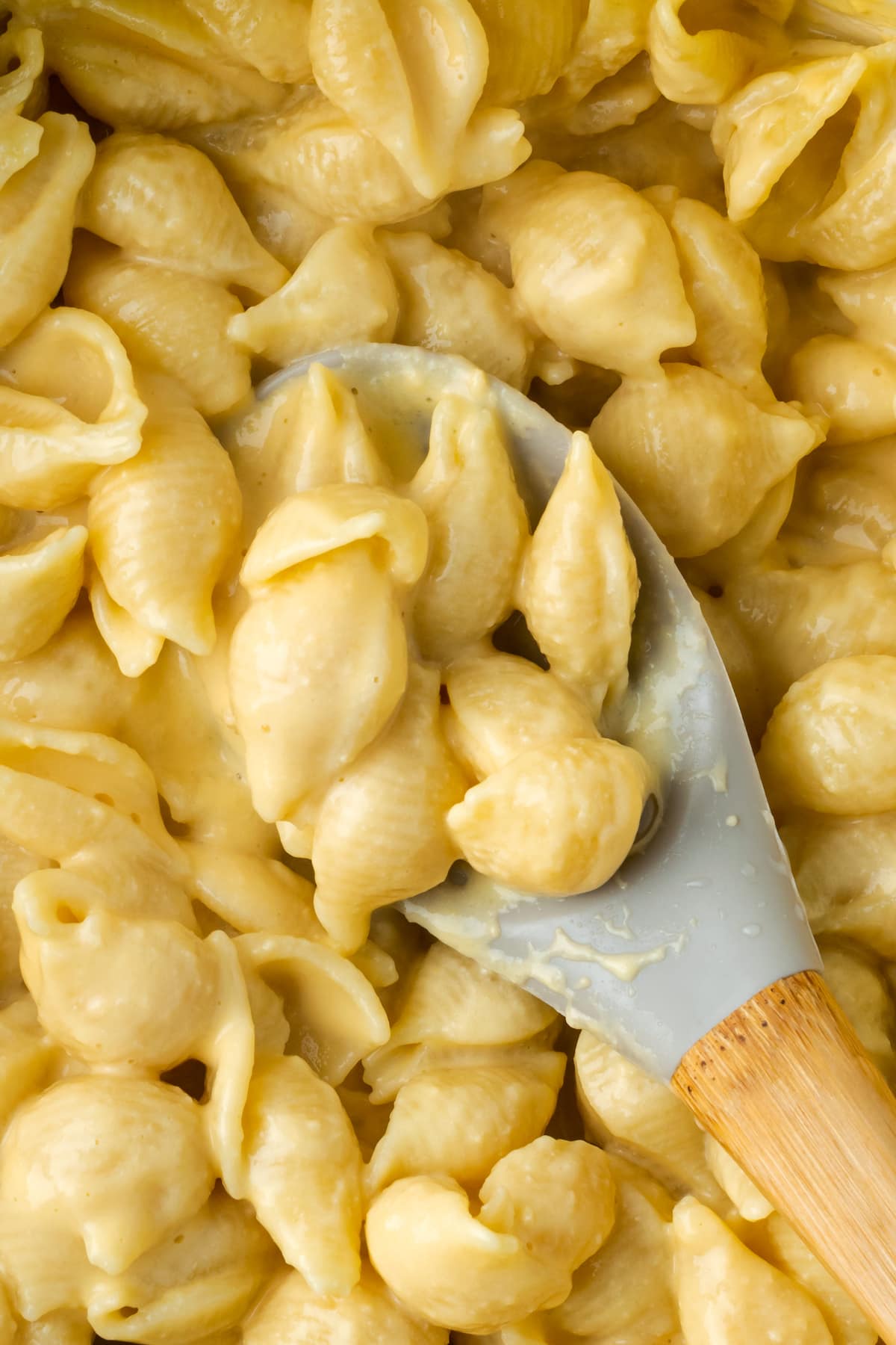 Close up of large spoon of stovetop mac and cheese.
