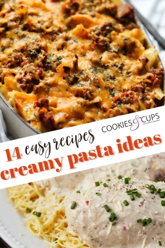 Imagen de título de Pinterest para 14 recetas fáciles de pasta cremosa.