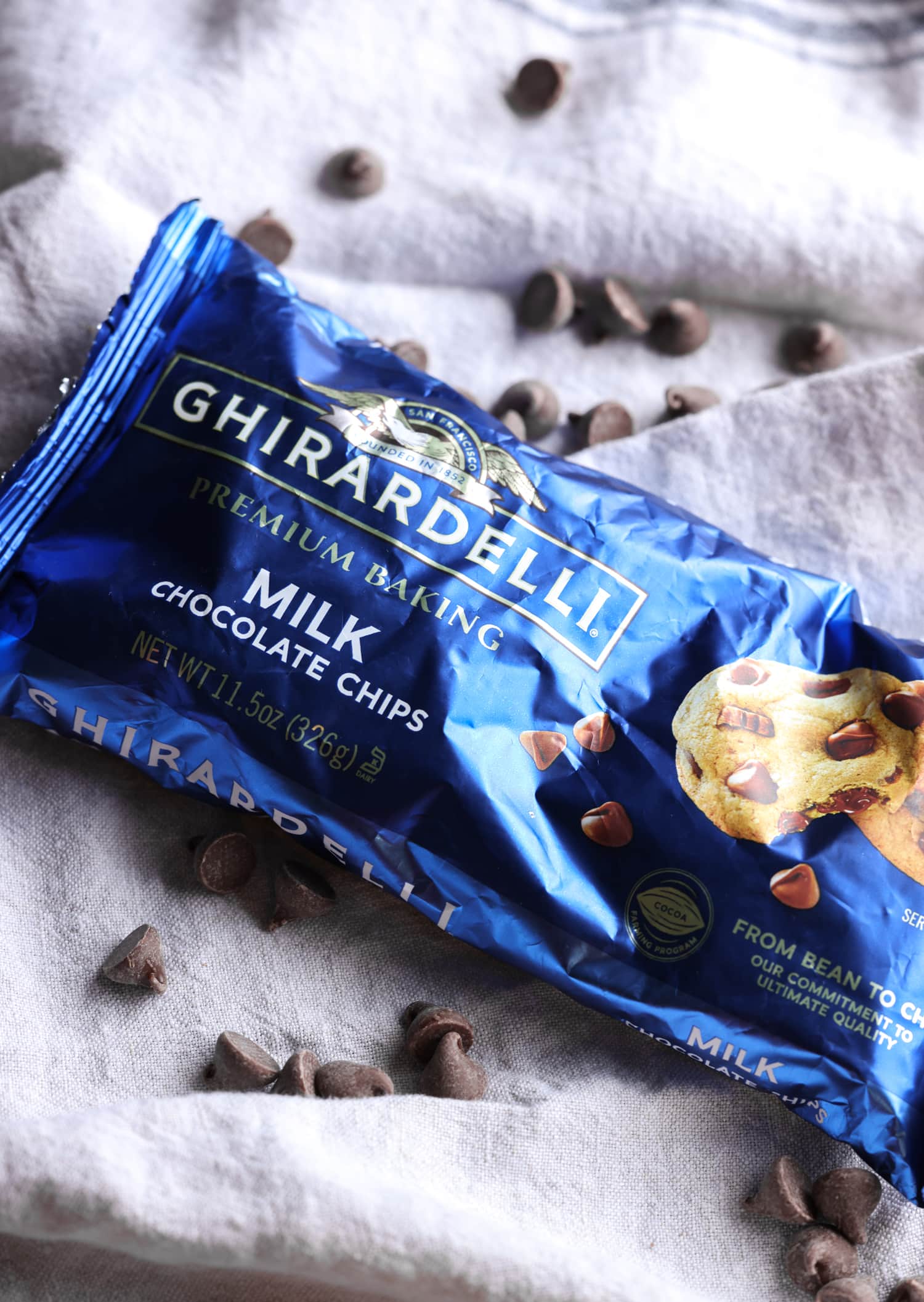 a bag of ghiradelli milk chocolate chips
