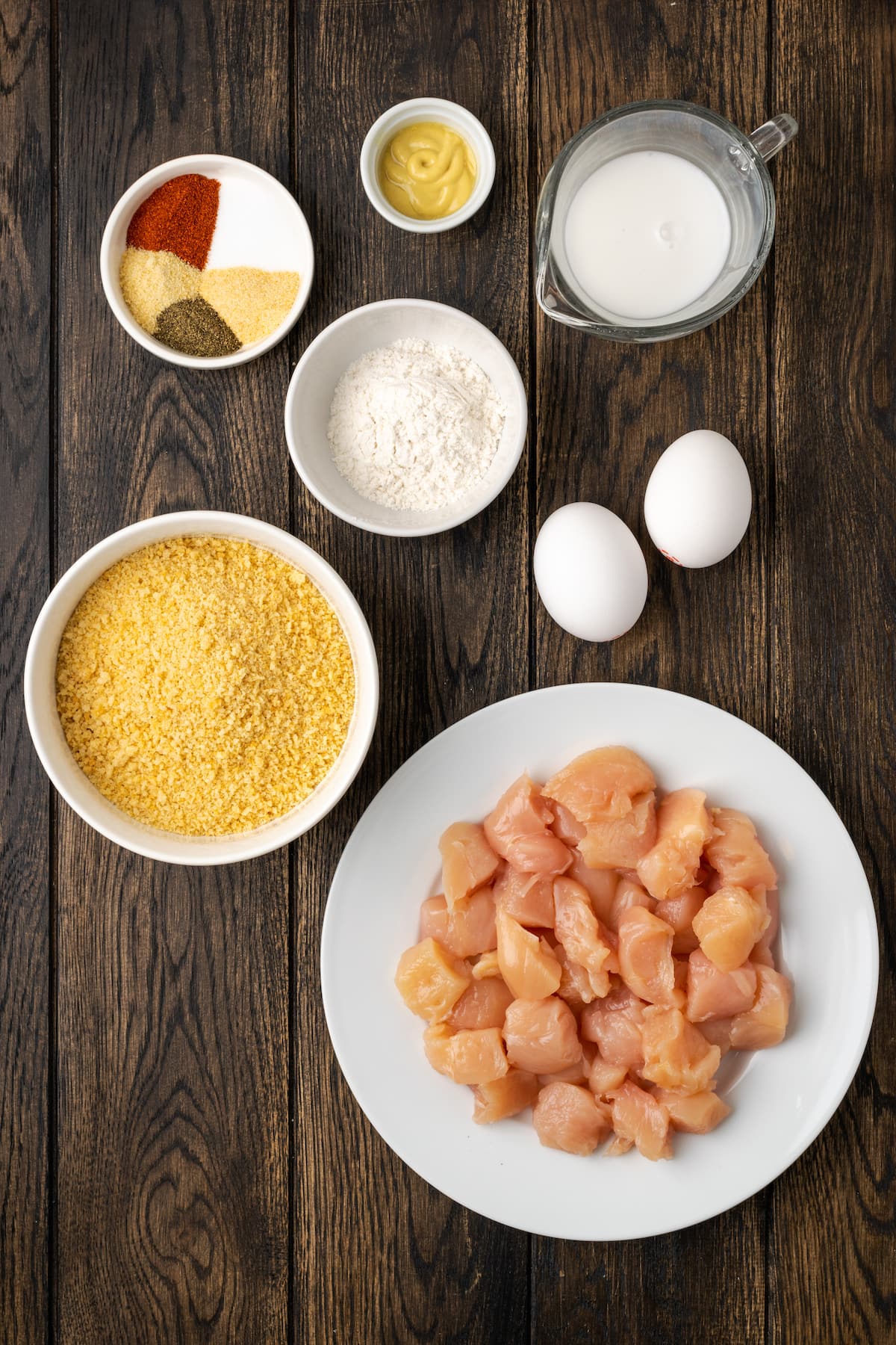 The ingredients for homemade air fryer popcorn chicken.