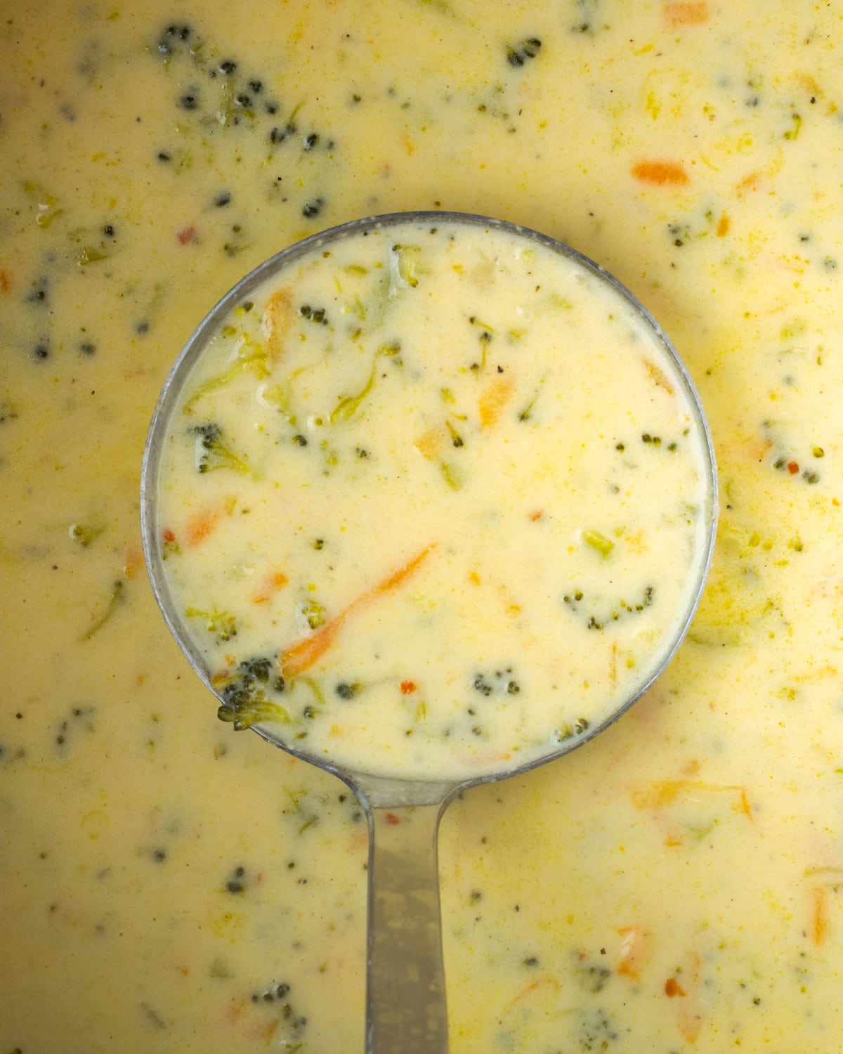 Overhead view of a ladle full of instant pot broccoli cheddar soup held over a pot of soup.