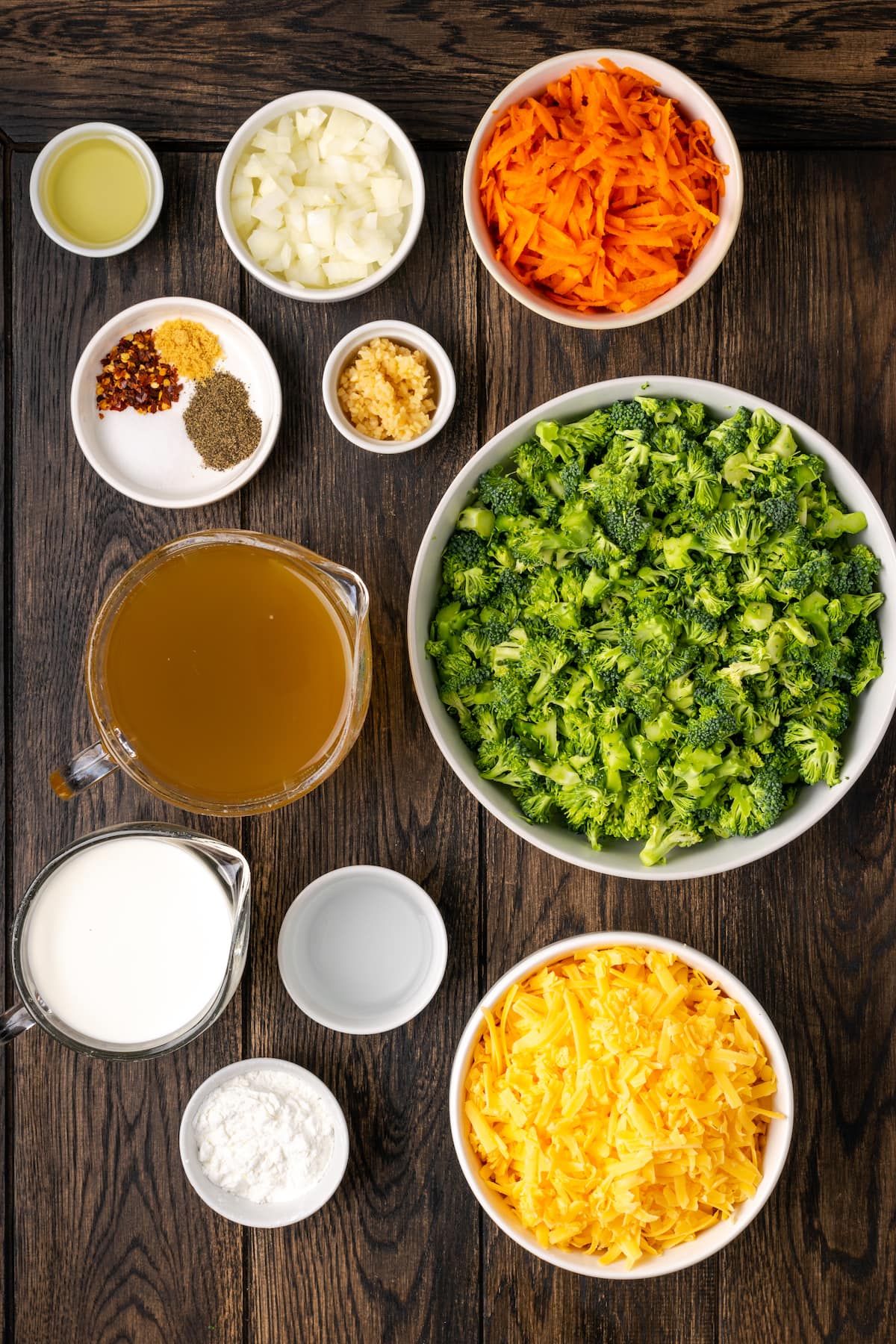 The ingredients for instant pot broccoli cheddar soup.