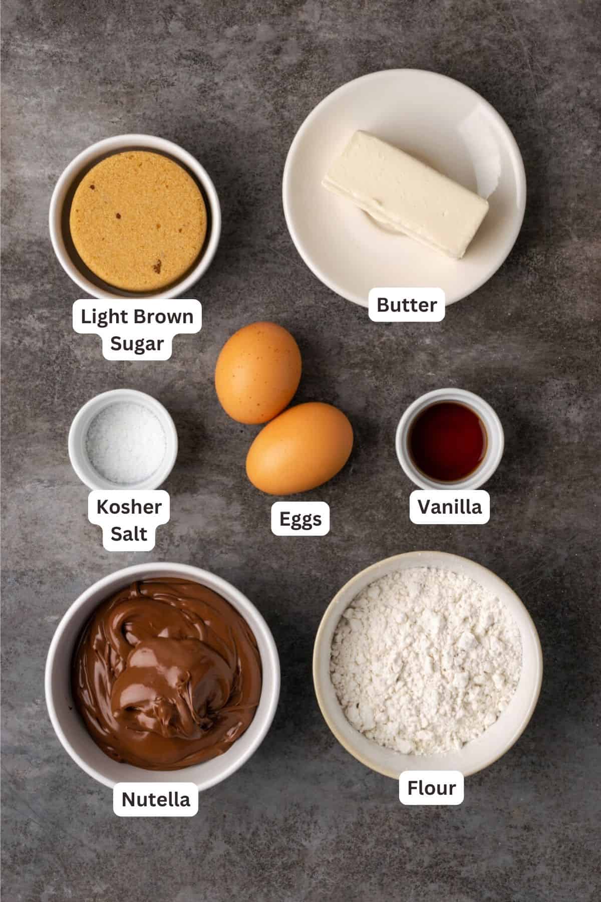 Ingredients for Fudgy Nutella Brownies.