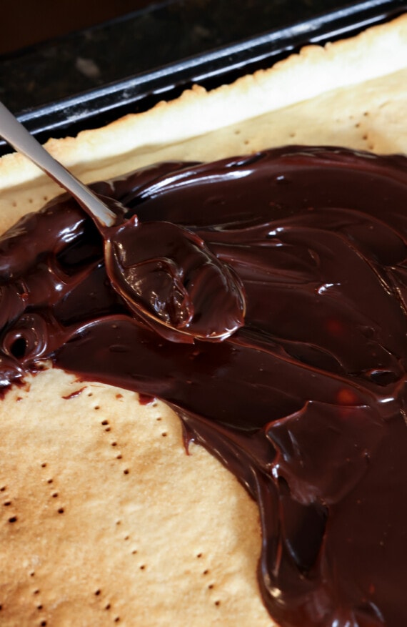 Hot fudge spread on puff pastry